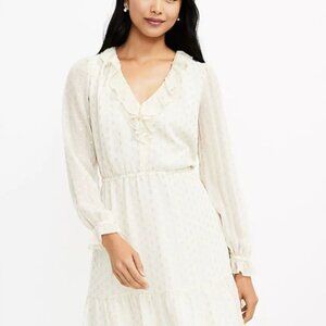 Loft Holiday Dress Cream w/ gold embroidered dots